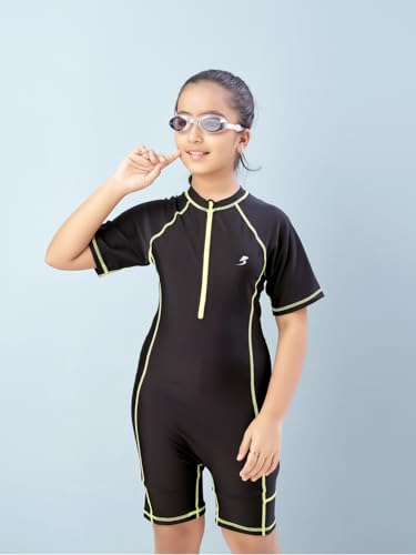 Image of Aarika Girls Sports Wear Black-Green Colour Solid Nylon Swim Suit