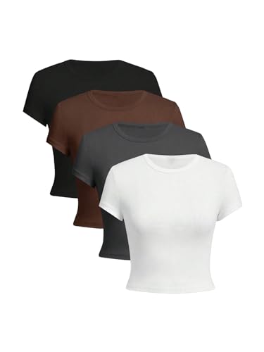 Image of OYOANGLE Girl's 4Pcs Crop Tops Short Sleeve Crew Neck T Shirt Summer Cropped Top Casual Basic Tee Top