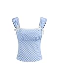 Women Gingham Lace Trim Crop Tank Tops Square Neck Corset Top Plaid Y2K Sleeveless Going Out Tops Slim Fit Cami Shirts (Wide Strap Blue, S)