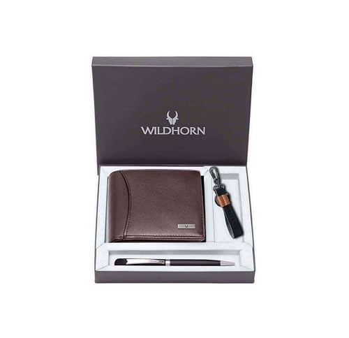 WildHorn Gift Hamper for Men I RFID Protected Leather Wallet, Keychain & Pen Combo Gift Set I Gift for Friend, Boyfriend,Husband,Father, Son etc (Brown M) (Image - 1)