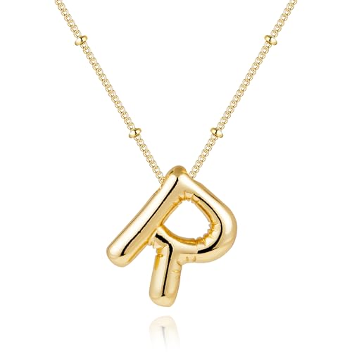 Inerney Gold Bubble Letter Necklace for Women, Dainty 14K Plated Balloon Initial Pendant Necklace Trendy Charm Non Tarnish Name Necklace Chunky Letter Necklace for Women Jewelry Gifts