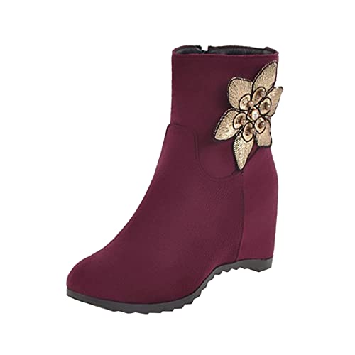 IQYU Stivali da donna con gambo largo, stivali casual per le donne, stivali in pelle scamosciata con decorazione floreale, stivaletti da donna alti, stivali corti con zeppa alta, Vino, 40 EU