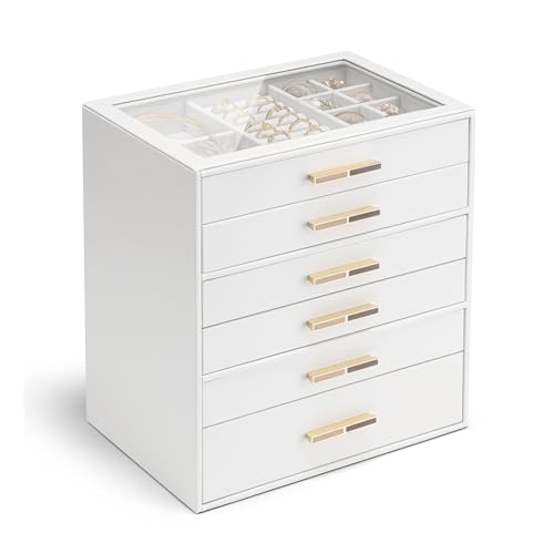 Vlando 6-Drawer Jewelry Box Organizer with Glass Lid, White