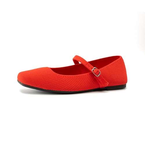 Image of Soesyi Knit Flats for Women Square Toe Flats Casual Ballet Flats with Ankle Strap,Mary Jane Shoes Women Comfortable for Dressy Office