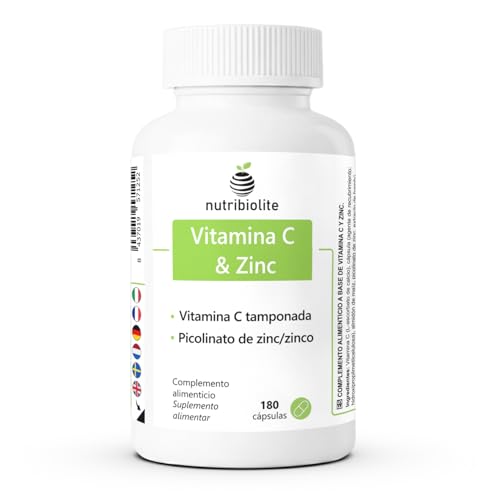 Vitamina C tamponada 1000 mg y Zinc Picolinato de alta absorción - 10 mg Zinc elemental por dosis - Vitaminas para el cansancio y sistema inmunitario – 180 cápsulas veganas | Nutribiolite