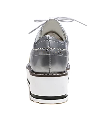 Women's Platform Lace Up Patent Leather Wingtips Round Toe Casual Oxford Shoes Brogues(Us8.5,Silver) #TOP3