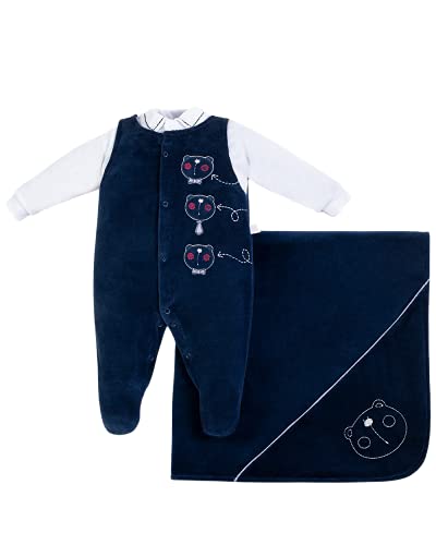 Saída Maternidade Menino Veludo Ondulê Bordada Ursinhos - Marinho P