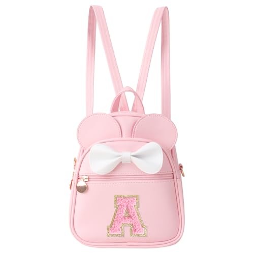 Personalized Toddler Backpack for Girls 3–10, Cute Mini Bowknot Mouse-Ear Toddler Bookbag Crossbody Purse, Small Daypack Wallet Set, Initial Birthday Gift, Trendy Little Kids/Teen Bag(Pink，A)