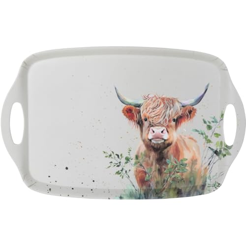 DEENZ Rectangle Melamine Serving Tray With Handles Large Kitchen Storage Accessory Decorative Design Tableware Organisation Ideal Dining Space Countertop Display 48.5 X 32.5 X 3 Cm (HIGHLAND COW)