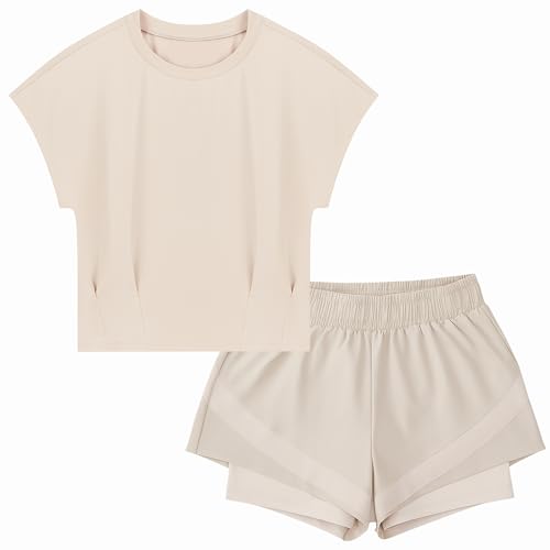 Image of Girls Short Sets with Athletic Shorts and Workout Tops Quick Dry Athletic Clothing Sets 6-13 Years