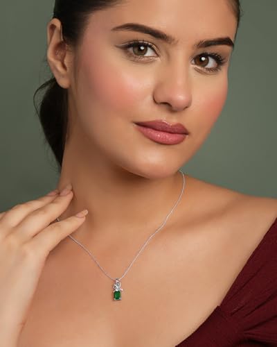 Image of Clara 925 Sterling Silver Green Pendant Necklace with Chain for Women & Girls | Platinum Plated |Minimal Daily Wear | Gift for her