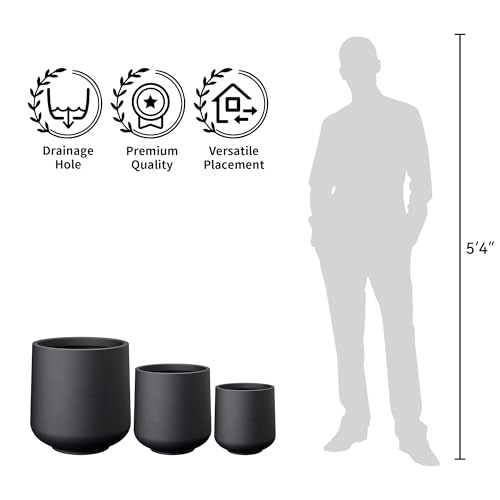 Image of Kante Black Concrete Planter 13 inch Dia All-Weather Round Accent Pot | Handcrafted Cement Curved, Anti-Frost & UV Outdoors, Plug for Indoor, Lightweight & Durable, Modern Home, Garden, Porch