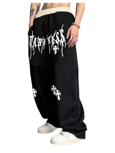 SHENHE Calça de moletom masculina com cintura elástica e estampa de letras Y2K com bolsos, Preto, 11