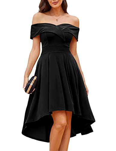 JASAMBAC Velvet Off The Shoulder Dress for Women Cocktail Party Wedding Guest Dresses Black L