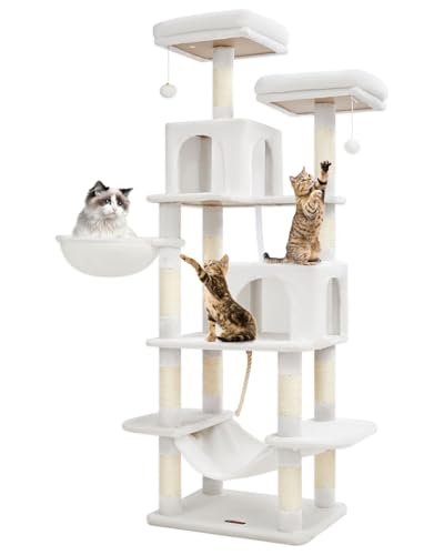 Taoqimiao Cat Tree, 71.7-Inch Cat Tower for Indoor Cats, Plush Multi-Level Cat Condo with 13 Scratching Posts, 2 Perches, 2 Caves, Hammock, 2 Pompoms,MS013LC Cream White