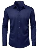 ROUWELL Mens Navy Blue Dress Shirt Long Sleeve Wrinkle Free Stretch Non Iron Business Casual Work Button Up Tuxedo Shirts L