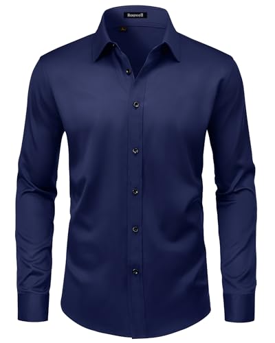 ROUWELL Navy Blue Button Up Shirt Men Long Sleeve Non