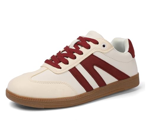 Women's Fashion Sneakers Classic Casual Women Walking Shoes Comfortable Lace-Up Tennis Footwear Anti Slip Skate Shoes, Beige/Red, 9