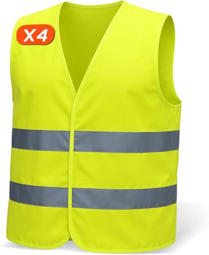 Set de 4 chalecos reflectantes para Hombre & Mujer – Cumple con EN ISO 20471 & EN ISO 13688 – Tiras Reflectantes, Ligero & Transpirable – chaleco reflectante moto, chaleco reflectante coche.