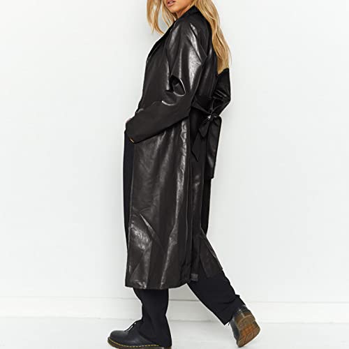 chouyatou Women's Casual Lapel Open Front Pu Faux Leather Long Trench Coat with Belt4