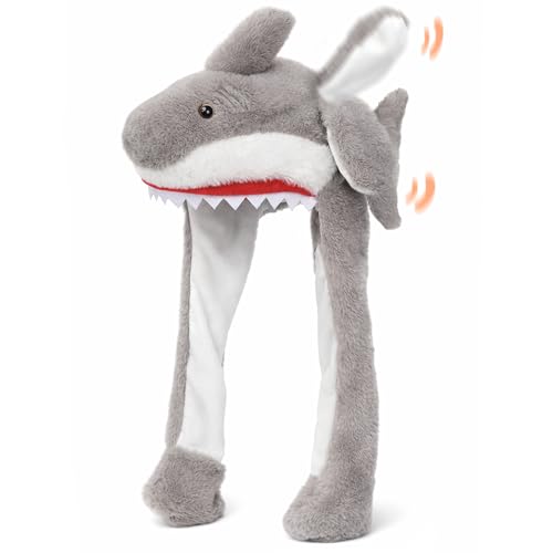 Bubblepompom Shark Hat with Ears Moving Jumping Pop Up Beating Hat Plush Oceanic Animal Earflaps Holiday Cosplay Costume Dress Up Funny Gift for Kids 22