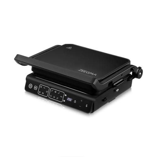 ZEEGMA Parrilla eléctrica GRILL MASTER 2000 W, 11 programas (10 auto + manual), termómetro con sonda, placas desmontables antiadherentes, aptas lavavajillas, control de temperatura dual