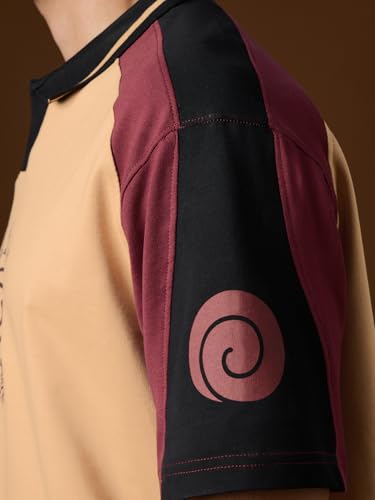 Image of The Souled Store Naruto: Kurama's Fury Men and Boys Short Sleeves Collared Neck Beige Graphic Printed Cotton Oversized Polos
