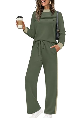 Image of WIHOLL Two Piece Sets for Women Fall Travel Vacation Outfits 2026 Long Sleeve Lounge Sets Side Slit Wide Leg Pants XS-3XL