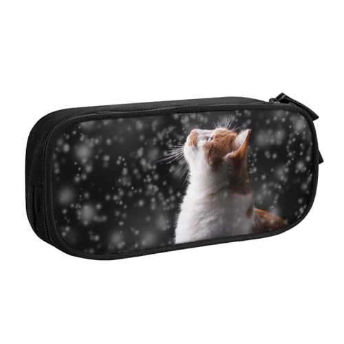 オレンジ色の猫が雪が降るペンケース 筆箱 文具ケース おしゃれ 筆袋 鉛筆ケース 鉛筆のサック 中高校生 軽量 収納バッグ 学生 子供 誕生日 入学ギフト 大容量 ダブルレイヤーBlack