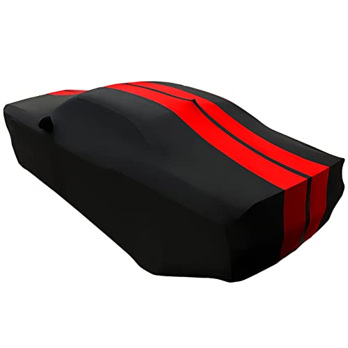 Image of SR1 Performance USA Indoor Car Cover for Dodge Challenger 2008-2023 - Ultraguard Stretch Satin Custom Fit, Dust Cover, Breathable Scratch-Resistant Sport Series Stripe (Black /Red)