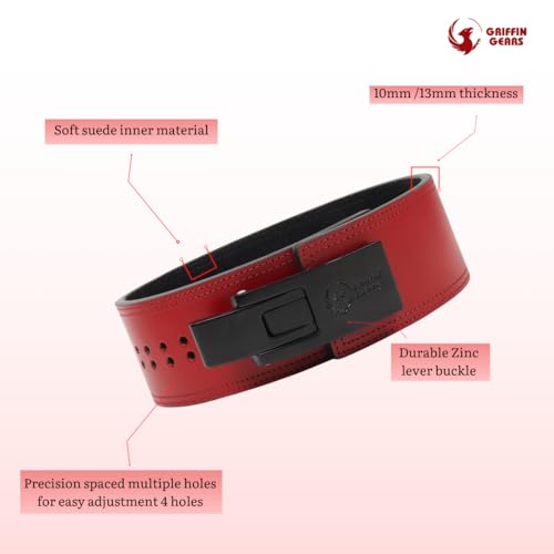Image of 10mm Lever Powerlifting Belt - Red Belt Leather Gym Belt with Black Buckle - Men & Women- Weightlifting, Squats, Deadlifts - IPF Standard (Red, Medium)
