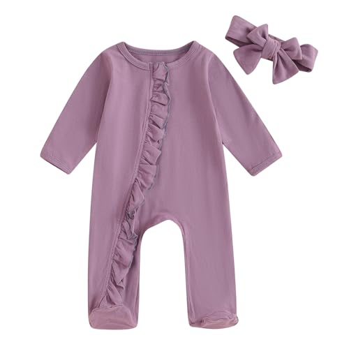 Image of Newborn Baby Girl Solid Romper Clothes Long Sleeve Ribbed Onesie Bodysuit Infant Knitted Jumpsuit Headband Outfits