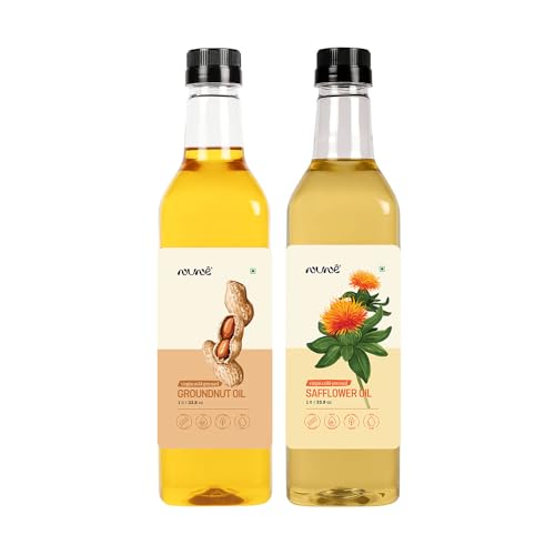 Image of Nune Combo of Single Pressed Cold Pressed Safflower and Groundnut Oil - 1 Litre Each | Plastic Bottles | Single Pressed 100% Cold Pressed | No Preservatives | No Additives