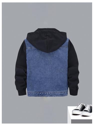 MakeMeChic Boy's Color Block Denim Jacket Hooded Long Sleeve Button Down Coat Outerwear2