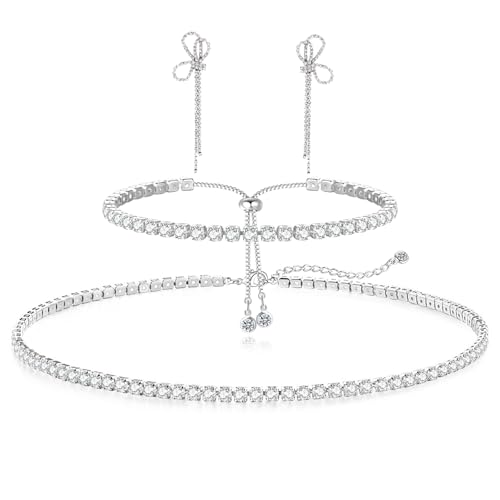 Image of HAXIYA Tennis Necklace Bracelet for Women, Sterling Sliver Jewelry Set, Silver /Gold Chocker Necklace, Crystal Bracelet for Women, Wedding Jewelry for Bride, Sparkly Party Prom Hypoallergenic