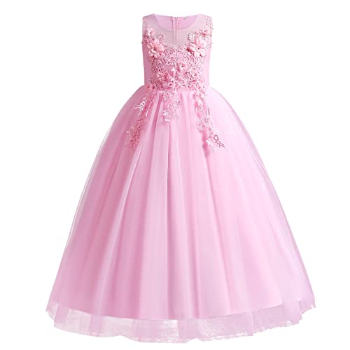 Vestido largo de tul con detalle de flores para niña, vestido de princesa, fiesta de cumpleaños, boda, formal, baile, maxivestido, largo al suelo, Classic, 15 - 16 años, Rosado