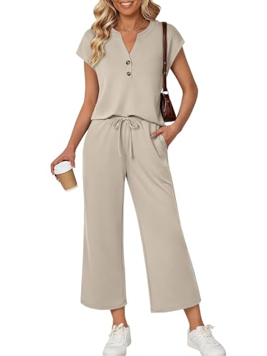 LILLUSORY Womens 2 Piece Lounge Gym Wear Sets Co Ord Tracksuits Khaki M
