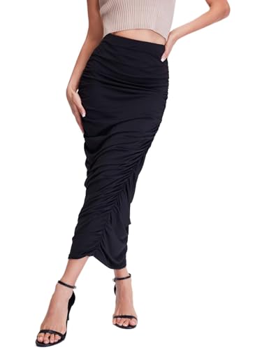Women's Ruched Bodycon Skirt High Rise Long Skirts