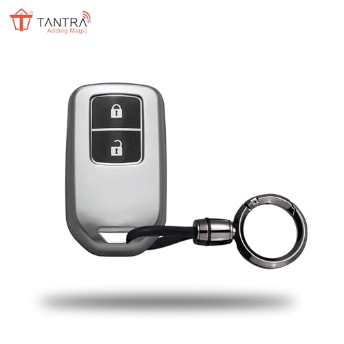 Image of SIAGO TPU Key Cover and Round Keychain Compatible for Honda BRV | WRV | CRV | Jazz | City 2 Button Smart Key (Grey)