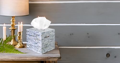 PEMAR Handcrafted Wooden Tissue Box Cover for Small Cube Tissue Boxes Only (Max Inner Size 4.7”) – Mother of Pearl Inlay Decorative Tissue Holder for Bathroom, Living Room & Office (Blue)