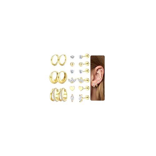 Finrezio 9 Pares Pendientes Dorados Mujer Piercing Oreja Oro Acero Quirurgico Pendientes Aro Mujer Hipoalergénico Pendientes Piercing Helix Tragus Cartílago Aretes para Múltiples Piercings
