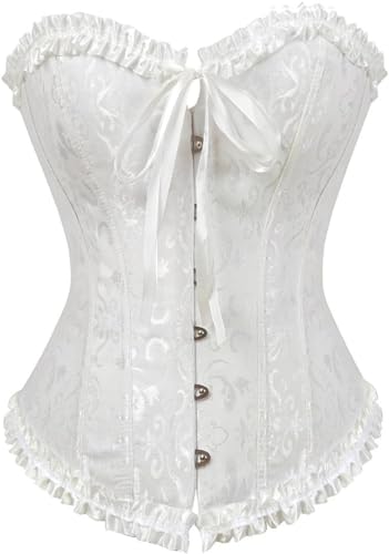 KSHUN Women's Corsets Lace Up Boned Overbust Corset Bustier Lingerie Satin Floral Bustier Bodyshaper Top S-7XL, White, Small