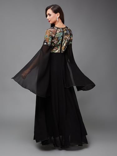 Image of Miss Chase Women's Round Neck Sleeve Embellished Fit Flare Maxi Dress