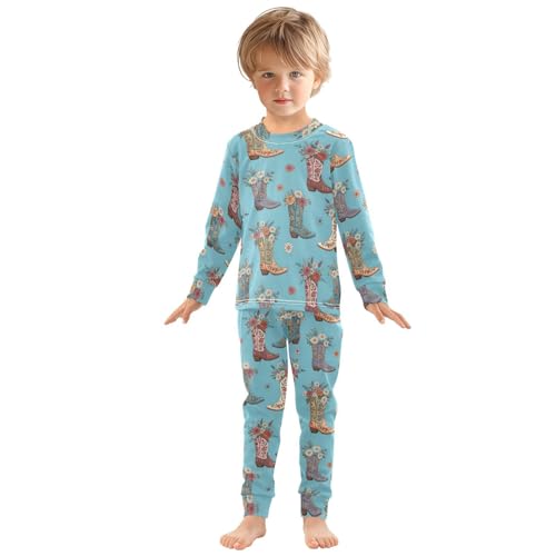 Pajama Sets Long Sleeve Cowboy Boots Floral Blue Pattern Soft Comfy Sleepwear 2 Piece PJS 3-8T2