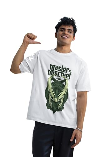 Image of SYOM Men's Oversized Graphic T-Shirt - Half Sleeve, Round Neck, Cotton-Blend Drop Shoulder Tee with inchLoki inch Logo & inchMaster Mischief inch Print