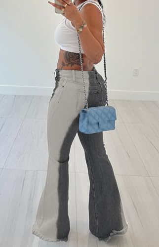 Conshvi Two Tone Bell Bottom Jeans for Women Stretchy Hem Raw Mid Rise Distressed Wide Leg Flared Denim Pants3