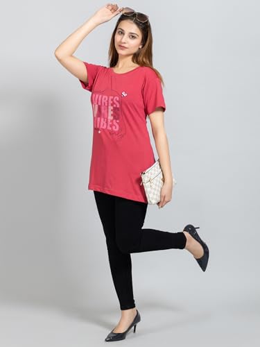 Image of Magknit Fancy Printed Both Side Cut Cotton Blend Half Sleeves and Lightwiegt Trendy Summer Long T Shirt for Women