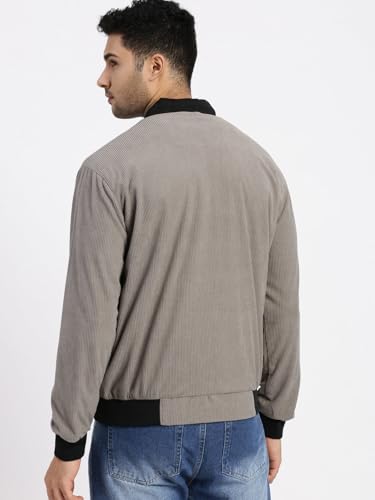 Image of SHOWOFFFF Men Solid Bomber Jacket | Mandarin Collar Full Sleeves Corduroy Jacket for Mens | Slim Fit Regular Length Jacket for Men's