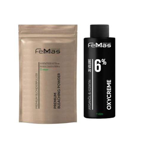 FemMas Kit blanchiment : poudre décolorante 100 g et oxycrème 100 ml | Kit parfait pour cheveux blonds | Jusqu'à 9 tons plus clairs