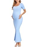 AISWI 2025 Maternity Bodycon Mermaid Maxi Dress Sexy Square Neck Short Sleeve Ribbed Pregnancy Dresses Baby Shower Photoshoot, Light Blue, Medium